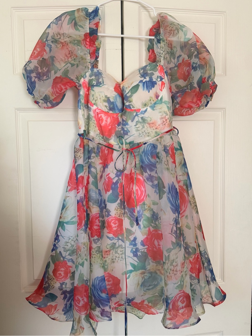 Floral Puff-Sleeve Mini Dress — White with Pink & Blue Floral Print